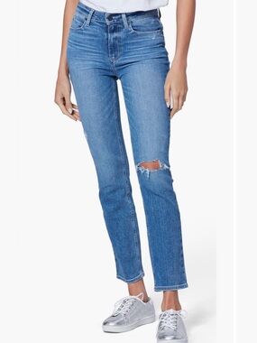 PAIGE Cindy Medium Blue Distressed Straight-Leg Jeans with stretch